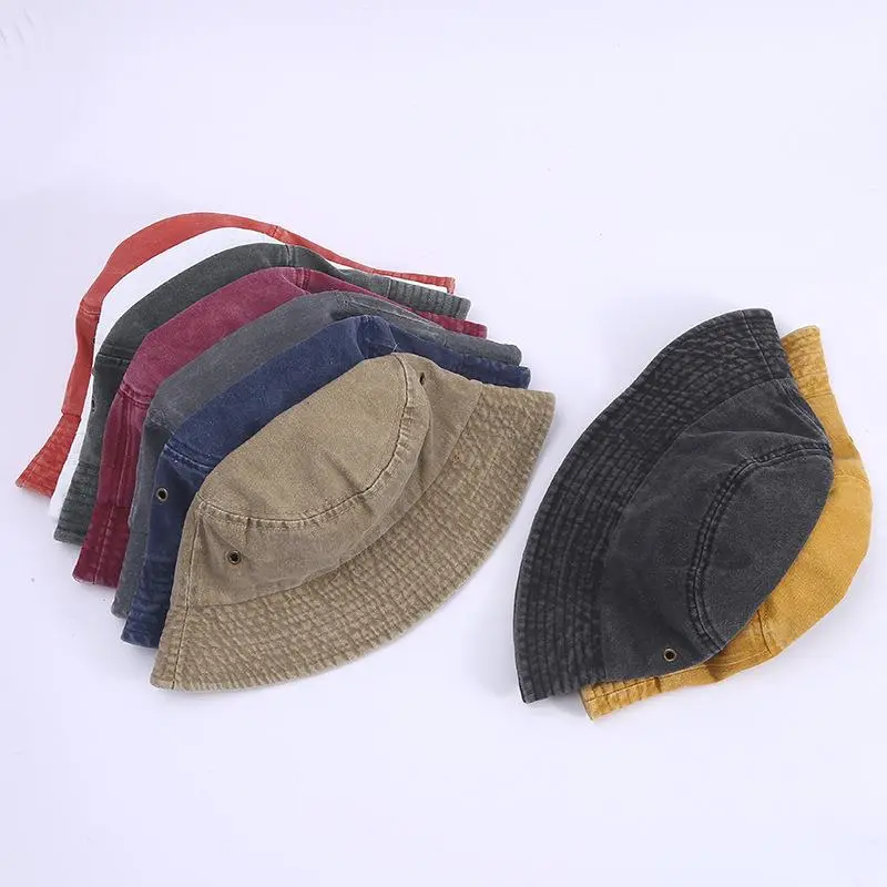 Vintage USA Washed Cotton Fisherman Hat Denim Women Sun Casual Solid Plain Colors Bucket Hat