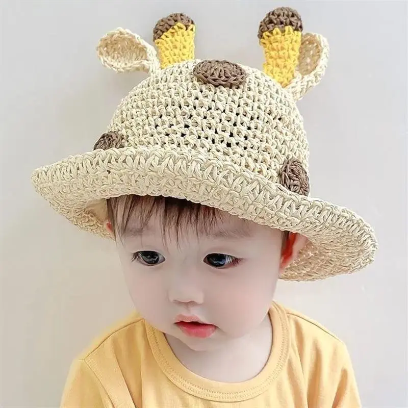 Handmade Children Straw Hat Deer Antler Sun Hat Cute Boys Girls Breathable Beach Outdoor Bucket Hat