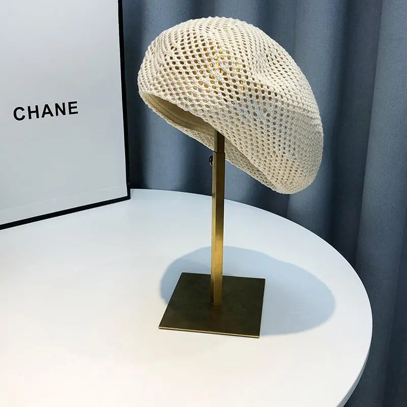 Women's Spring Summer Lightweight Breathable Artist Hat Breathable Solid Color Hollow Knit Beret Caps