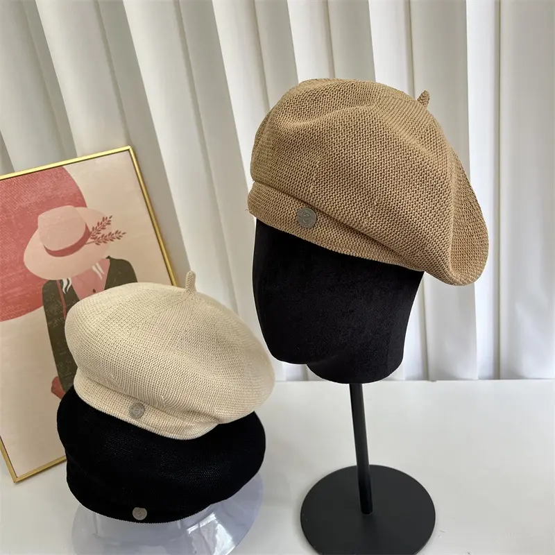 Female Spring Autumn Light Weight Breathable Knit Artist Versatile Casual Weave Beret Caps
