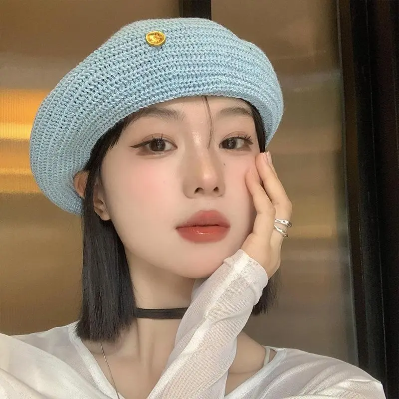Female Metal Button Knit Breathable Autumn Berets Hollow Light Plain Adjustable Head Casual Painter Hat