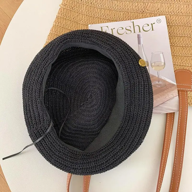 Female Metal Button Knit Breathable Autumn Berets Hollow Light Plain Adjustable Head Casual Painter Hat