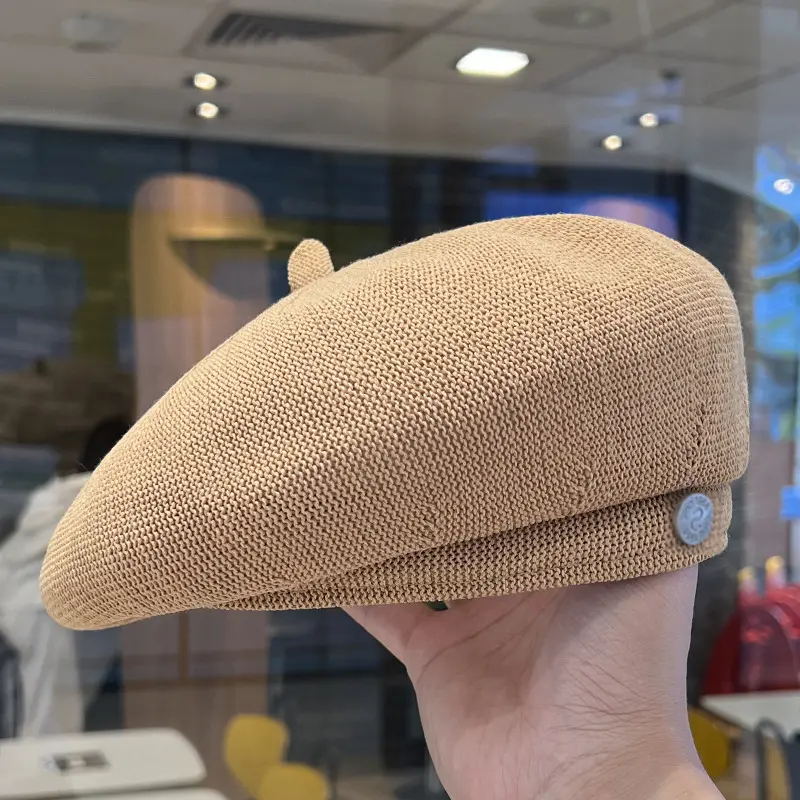 Female Spring Autumn Light Weight Breathable Knit Artist Versatile Casual Weave Beret Caps