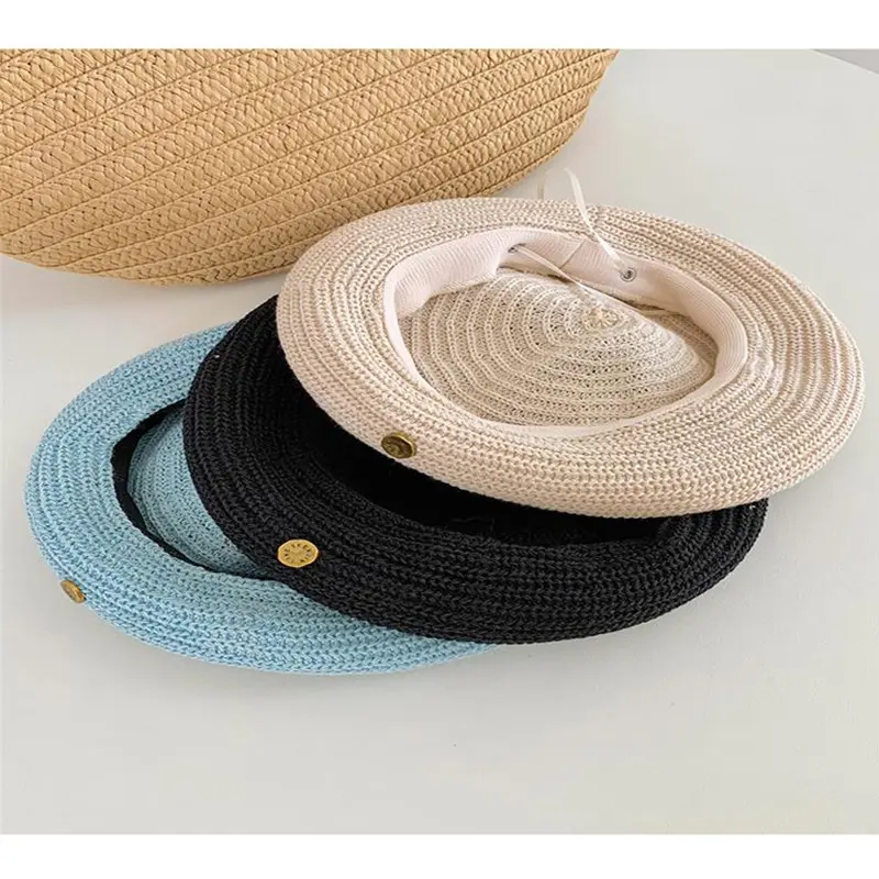 Female Metal Button Knit Breathable Autumn Berets Hollow Light Plain Adjustable Head Casual Painter Hat