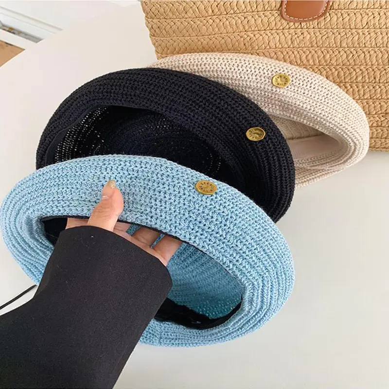 Female Metal Button Knit Breathable Autumn Berets Hollow Light Plain Adjustable Head Casual Painter Hat