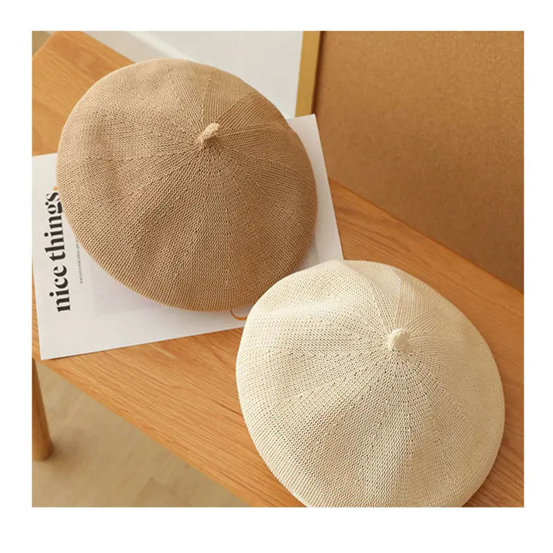 Female Spring Autumn Light Weight Breathable Knit Artist Versatile Casual Weave Beret Caps