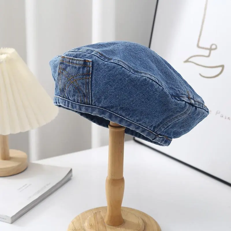 Vintage Wash Denim Berets Caps Women Spring Autumn Style Painter Pocket Fashion Cotton Casual Hat