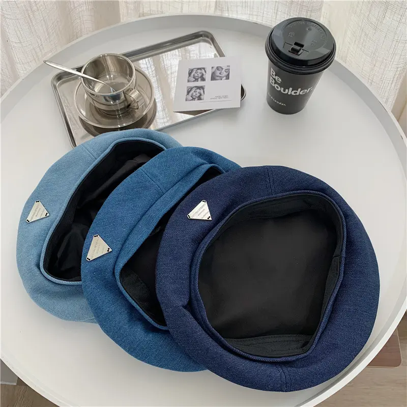 Female Metal Label Cowboy Cotton Denim Beret Women Versatile Painter Hat Headwear Berets Caps
