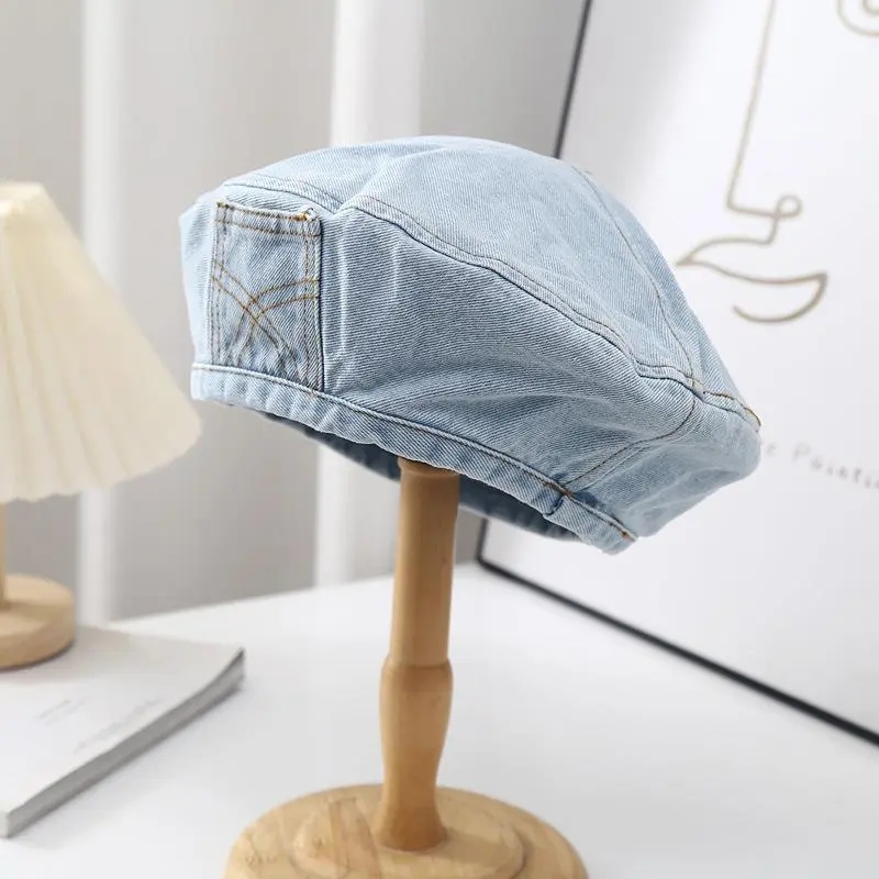 Vintage Wash Denim Berets Caps Women Spring Autumn Style Painter Pocket Fashion Cotton Casual Hat