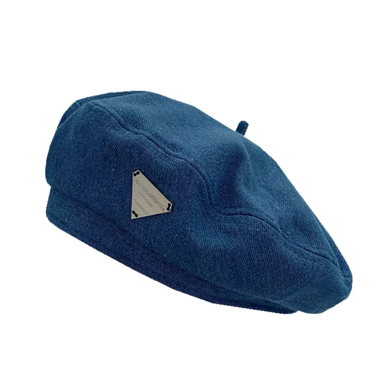 Female Metal Label Cowboy Cotton Denim Beret Women Versatile Painter Hat Headwear Berets Caps