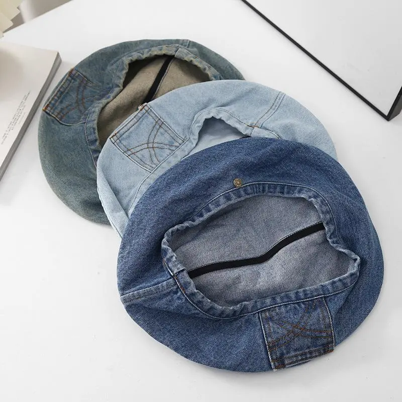 Vintage Wash Denim Berets Caps Women Spring Autumn Style Painter Pocket Fashion Cotton Casual Hat