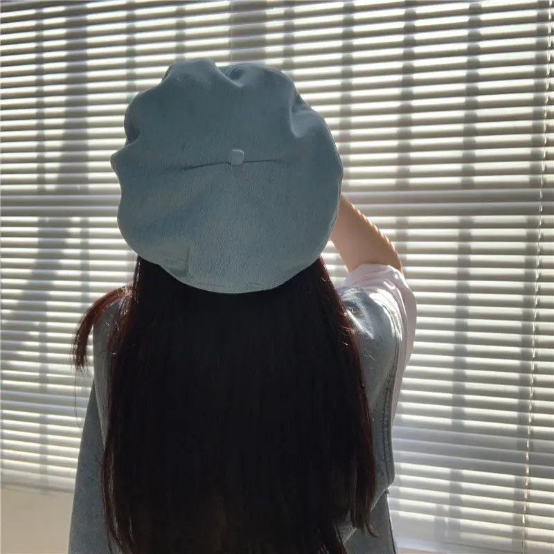 Female Metal Label Cowboy Cotton Denim Beret Women Versatile Painter Hat Headwear Berets Caps
