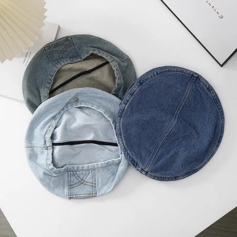 Vintage Wash Denim Berets Caps Women Spring Autumn Style Painter Pocket Fashion Cotton Casual Hat