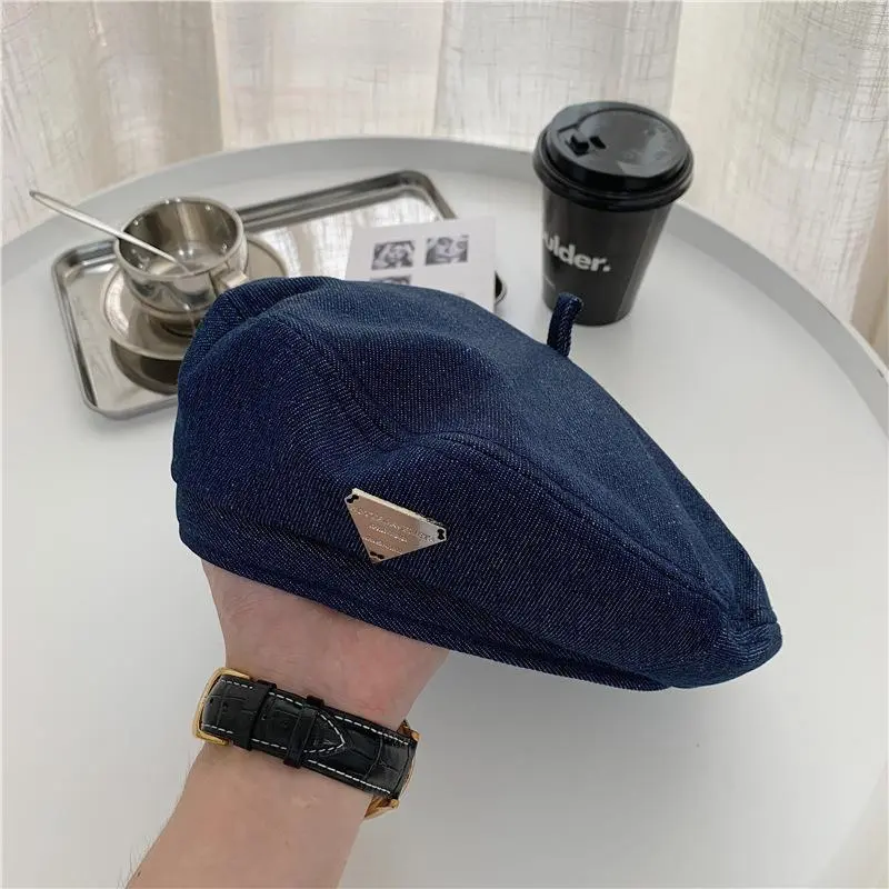 Female Metal Label Cowboy Cotton Denim Beret Women Versatile Painter Hat Headwear Berets Caps