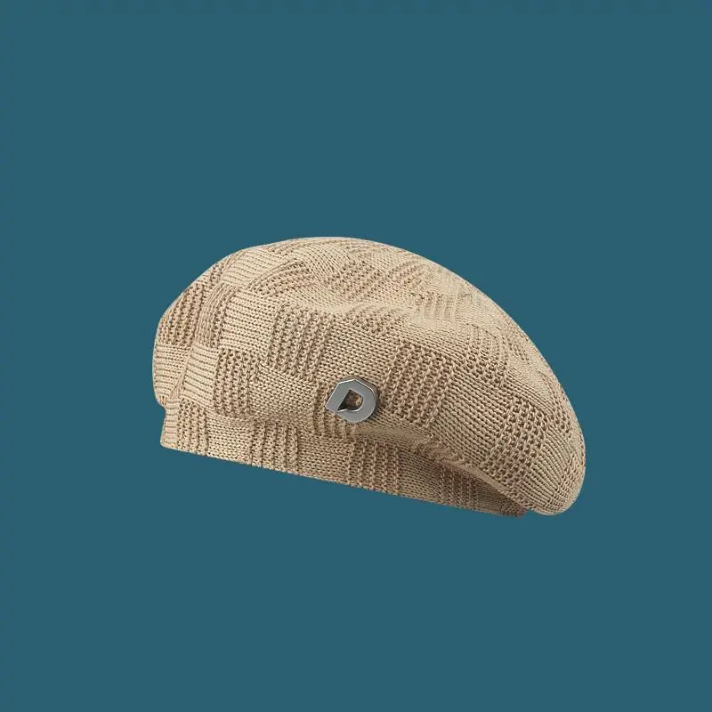 Women's Art Retro Ice Polyester Knitted Checkered Jacquard Breathable Beret Casual Plaid Beret Hat