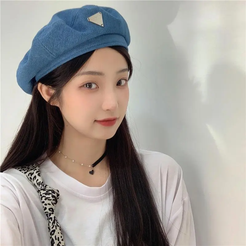 Female Metal Label Cowboy Cotton Denim Beret Women Versatile Painter Hat Headwear Berets Caps