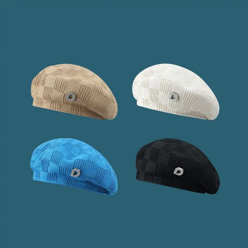 Women's Art Retro Ice Polyester Knitted Checkered Jacquard Breathable Beret Casual Plaid Beret Hat