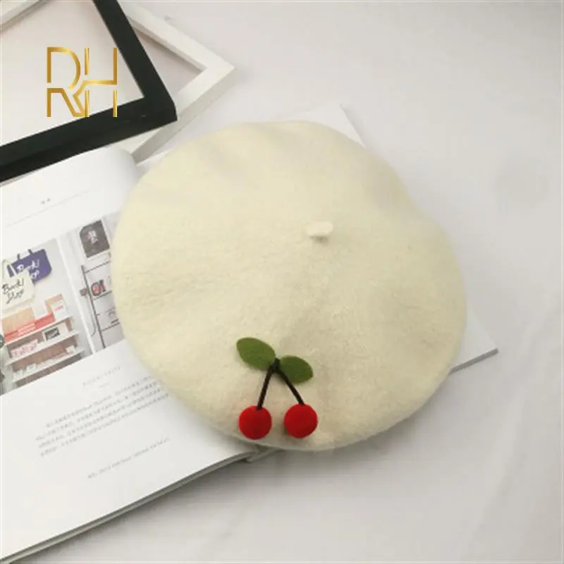 Autumn Winter Woolen Cute Red Cherry Berets Painter French Artist Female Warm Cap