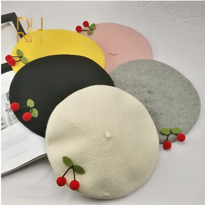 Autumn Winter Woolen Cute Red Cherry Berets Painter French Artist Female Warm Cap