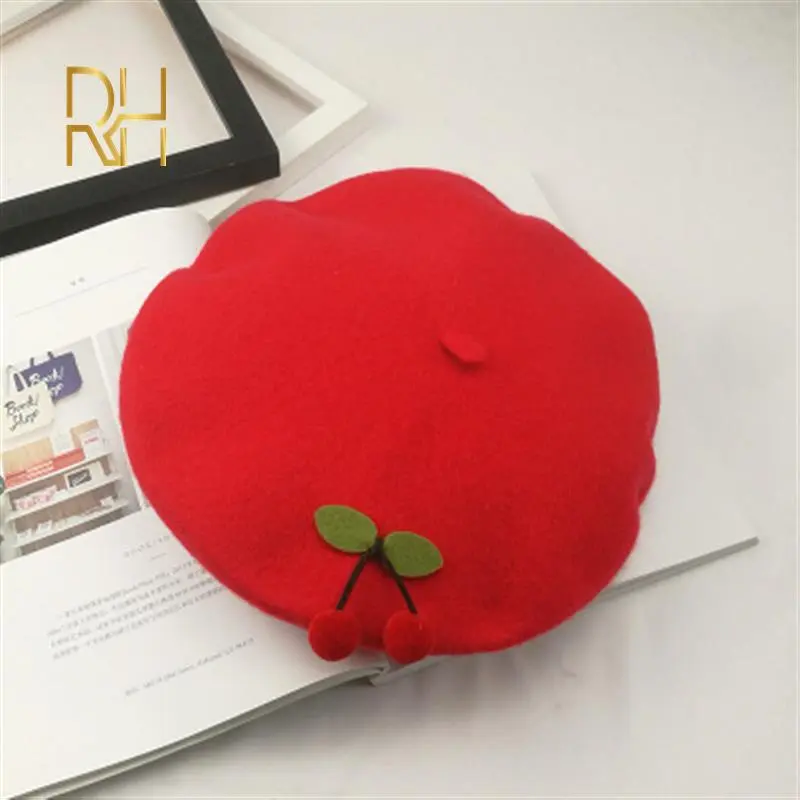 Autumn Winter Woolen Cute Red Cherry Berets Painter French Artist Female Warm Cap
