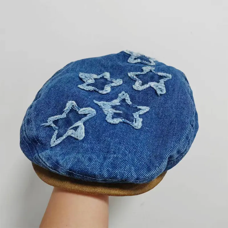 Y2K Women Auntumn Casual Design Washed Denim Cut Stars Embroidered Visor Hat Retro Beret Casquette Newsboy Caps
