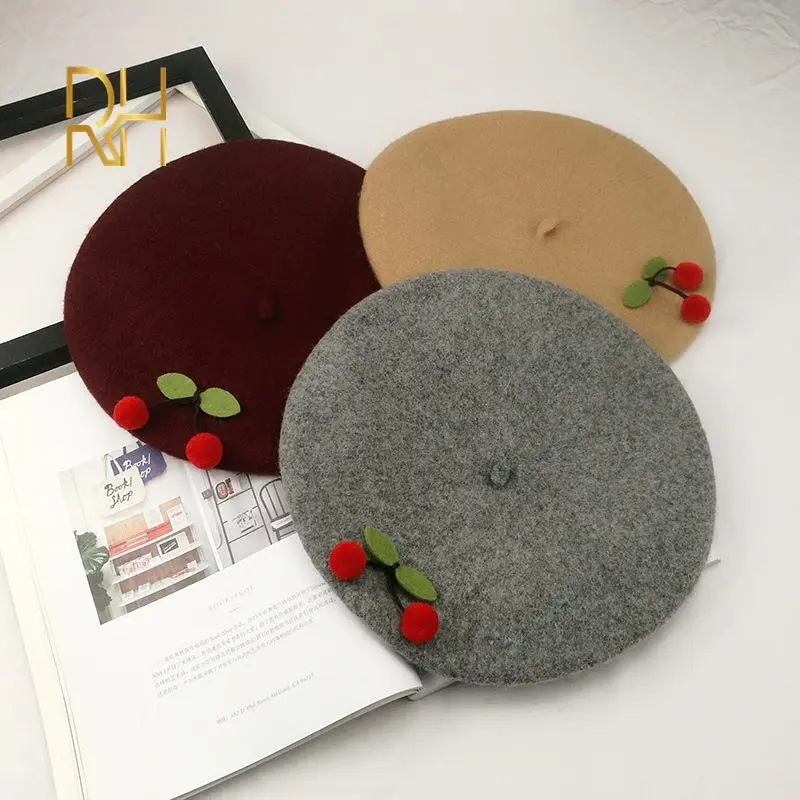 Autumn Winter Woolen Cute Red Cherry Berets Painter French Artist Female Warm Cap