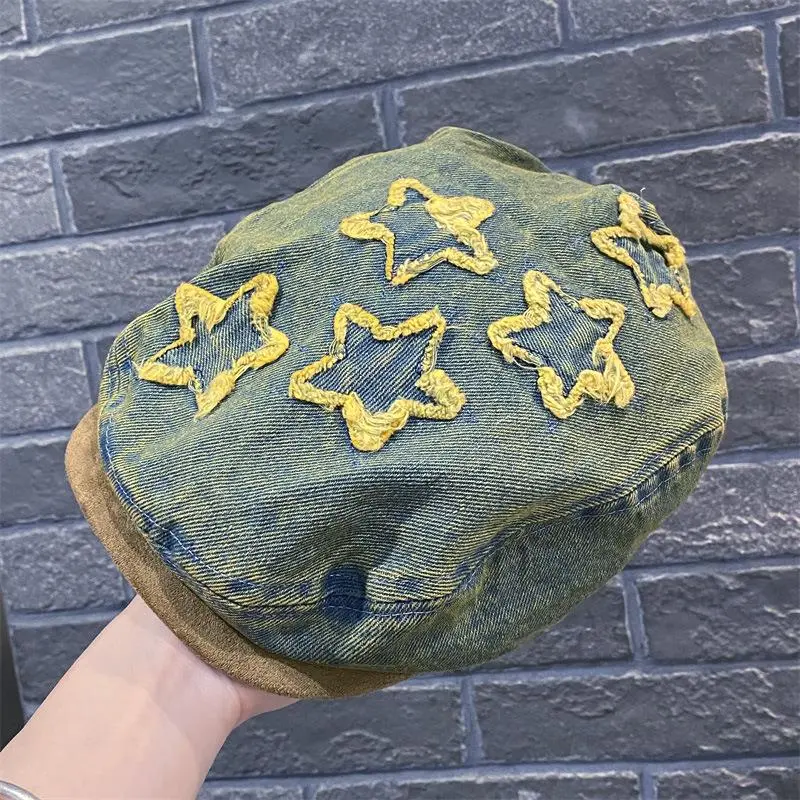 Y2K Women Auntumn Casual Design Washed Denim Cut Stars Embroidered Visor Hat Retro Beret Casquette Newsboy Caps