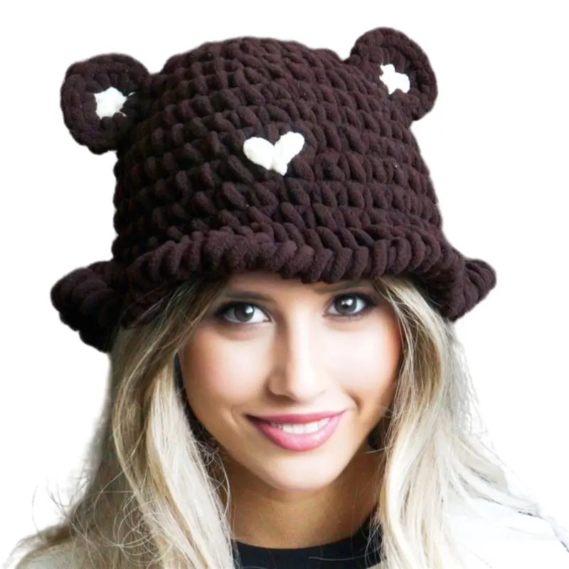Women Autumn Winter Cute Bear Thick Coarse Warm Knit Acrylic Hat Curling Handmade Sweet Cartoon Bucket Hat