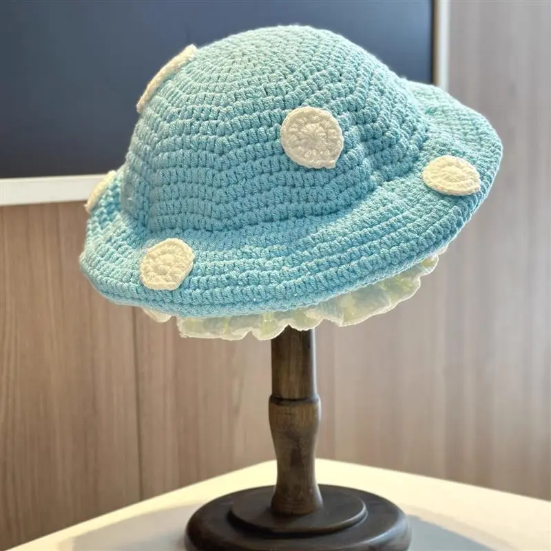 Female Sweet Cute Mushroom Beret Crochet Polka Dot Autumn Winter Red Stretch Soft Ruffled Warm Knit Hat