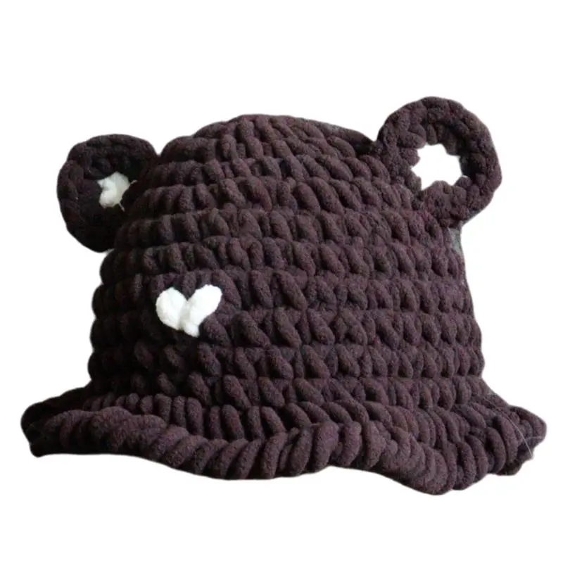 Women Autumn Winter Cute Bear Thick Coarse Warm Knit Acrylic Hat Curling Handmade Sweet Cartoon Bucket Hat