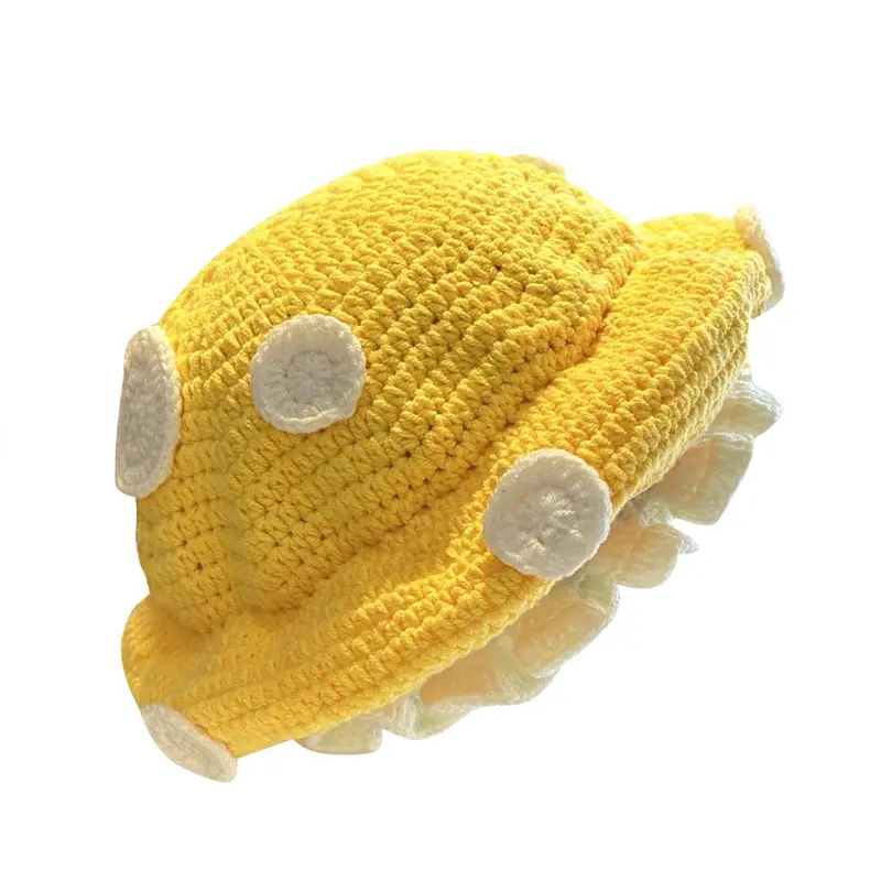 Female Sweet Cute Mushroom Beret Crochet Polka Dot Autumn Winter Red Stretch Soft Ruffled Warm Knit Hat