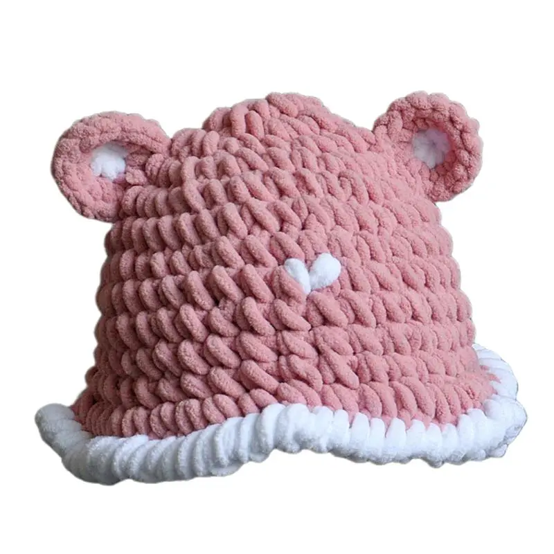 Women Autumn Winter Cute Bear Thick Coarse Warm Knit Acrylic Hat Curling Handmade Sweet Cartoon Bucket Hat