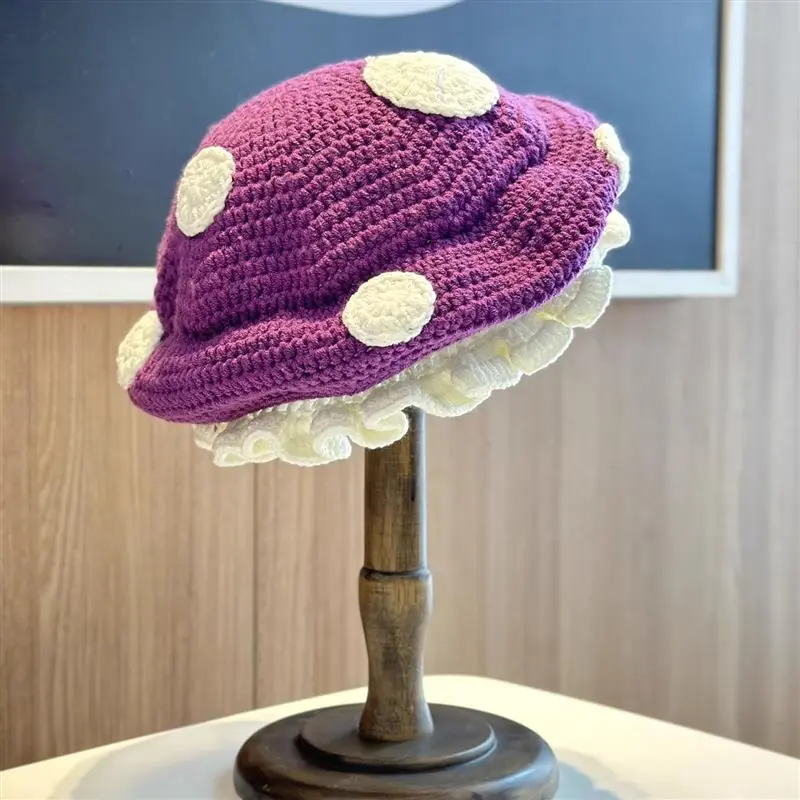 Female Sweet Cute Mushroom Beret Crochet Polka Dot Autumn Winter Red Stretch Soft Ruffled Warm Knit Hat