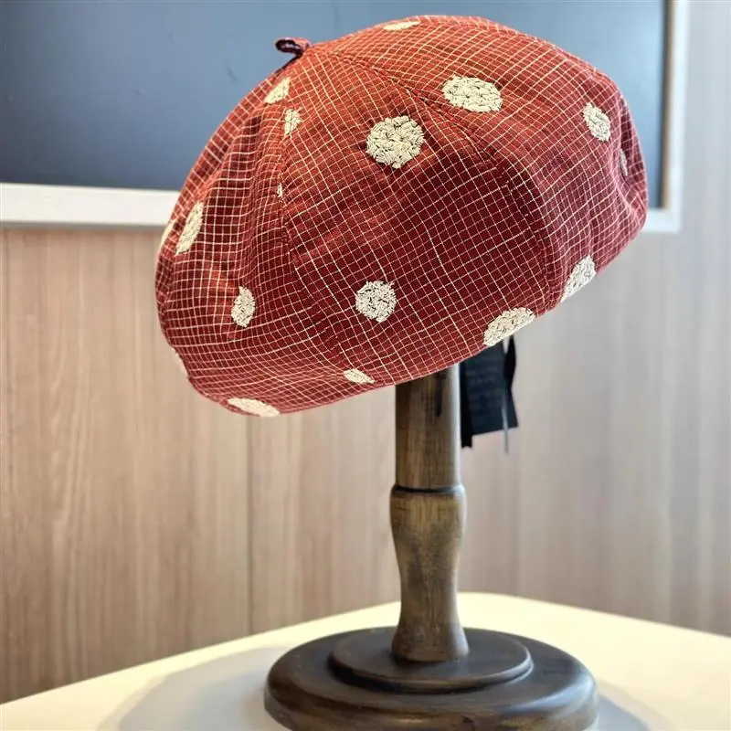Polka Dot Jacquard Sweet Beret Breathable Thin Pumpkin Hat Cute Autumn Outdoor Plaid Weave Casual Caps