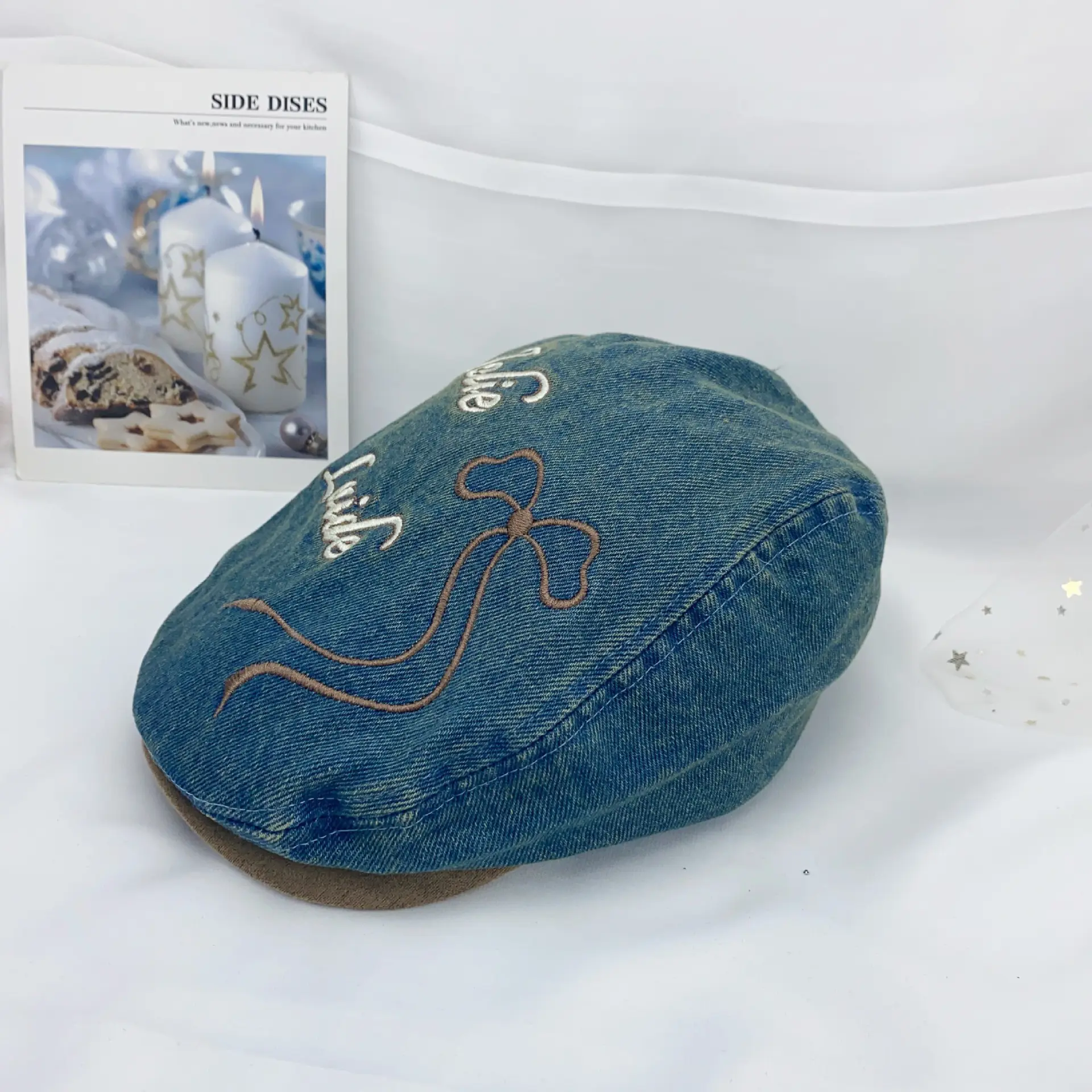 Ladies Casual Cotton Denim Outdoor Sunshade Letters Bow Embroidery Beret Bow Women Newsboy Hat