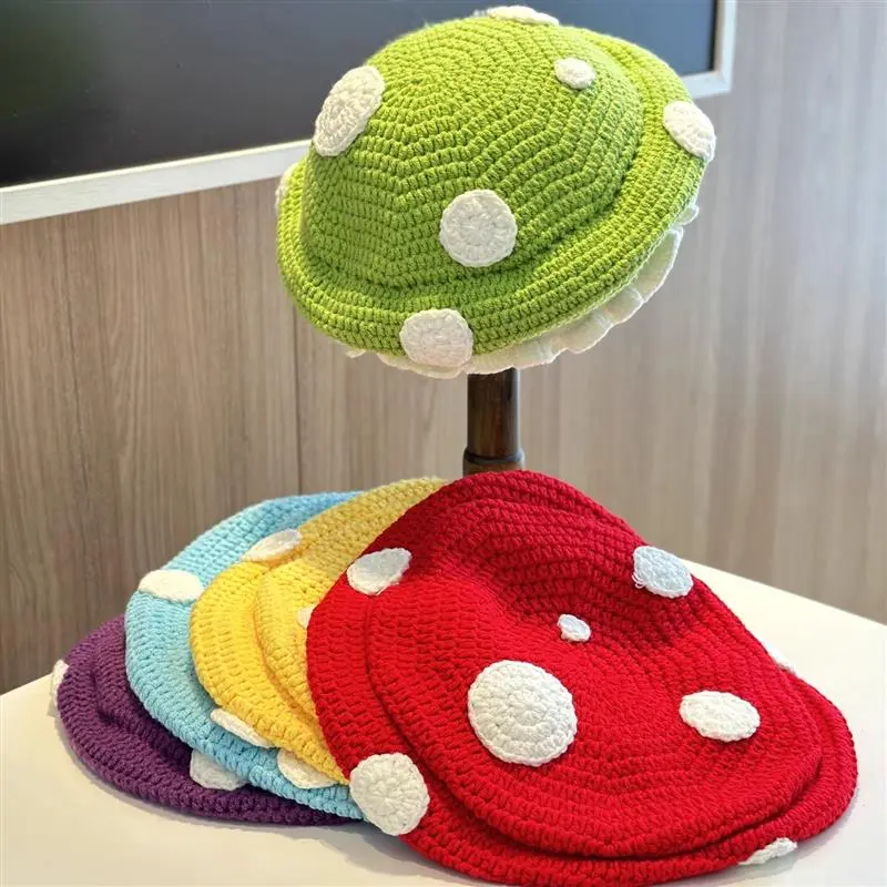 Female Sweet Cute Mushroom Beret Crochet Polka Dot Autumn Winter Red Stretch Soft Ruffled Warm Knit Hat