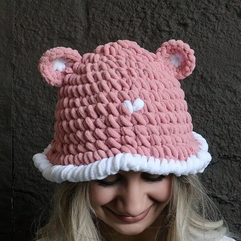 Women Autumn Winter Cute Bear Thick Coarse Warm Knit Acrylic Hat Curling Handmade Sweet Cartoon Bucket Hat