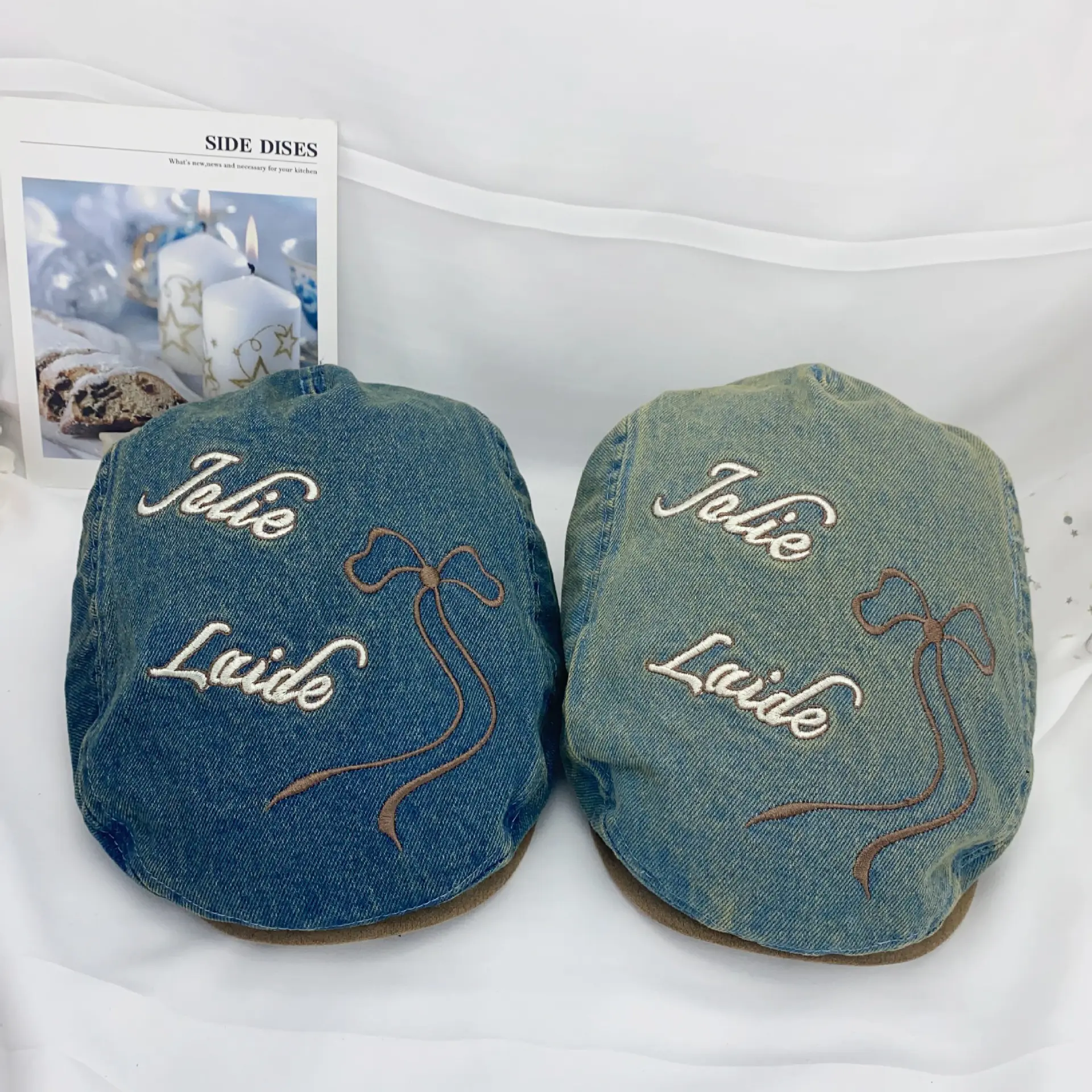 Ladies Casual Cotton Denim Outdoor Sunshade Letters Bow Embroidery Beret Bow Women Newsboy Hat