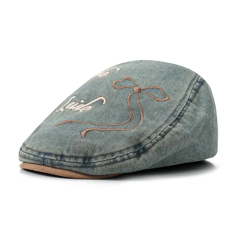 Ladies Casual Cotton Denim Outdoor Sunshade Letters Bow Embroidery Beret Bow Women Newsboy Hat