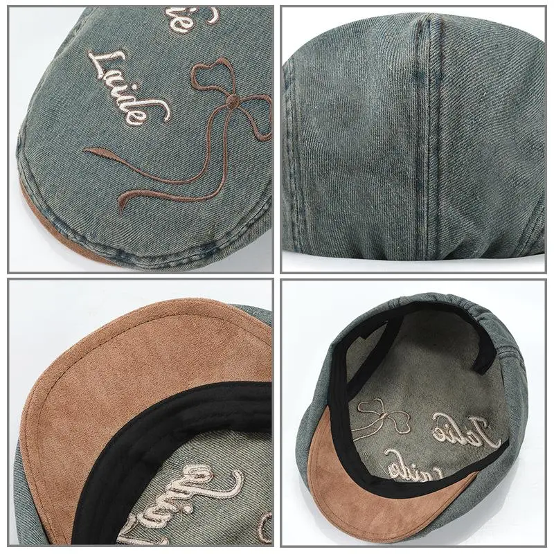 Ladies Casual Cotton Denim Outdoor Sunshade Letters Bow Embroidery Beret Bow Women Newsboy Hat