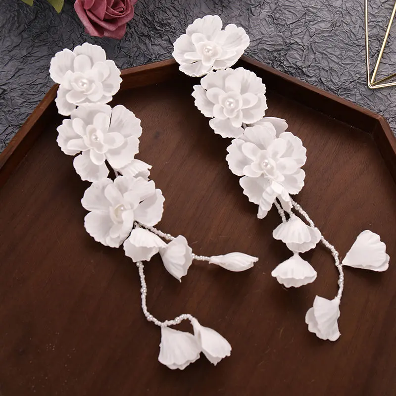 Elegant Flower Hair Clip White Silk Flower Bridal Hair Accessory Handmade Tassel Pearl Hair Clip For Women Girls Exquisite Clips