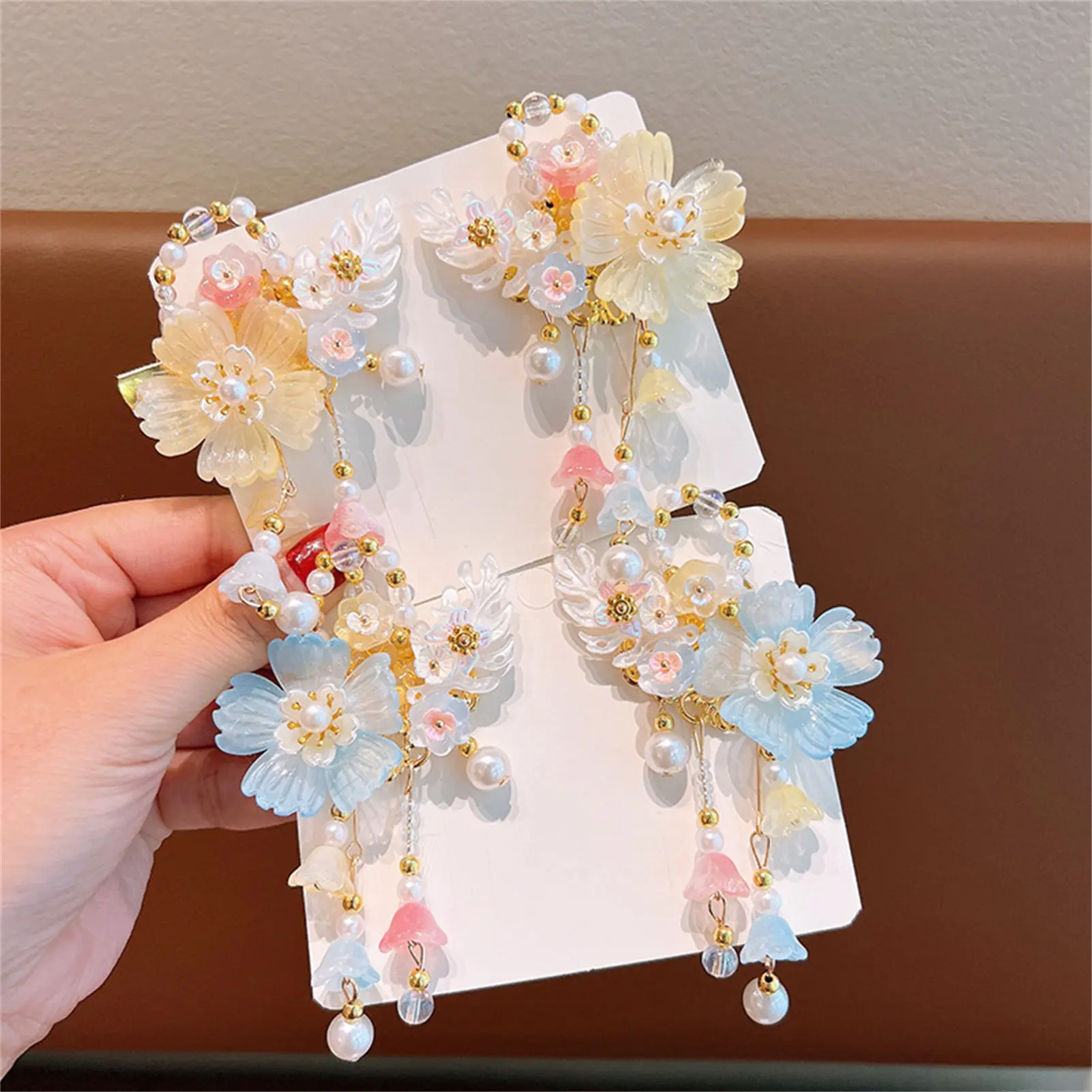 Ancient Vintage Tassel Hairpin Chinese Style Glass Colored Flower Hair Clip For Women Girls Elegant Hanfu Jewelry Hair Accessory
