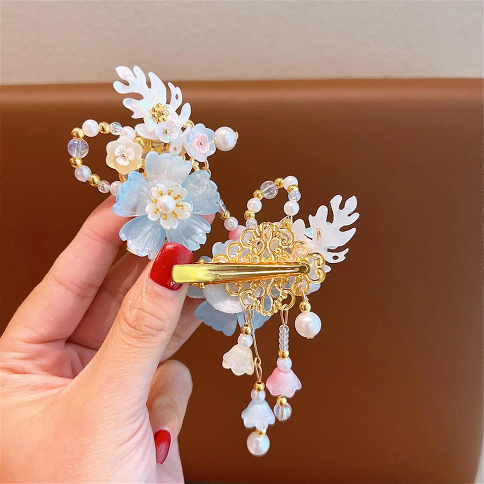 Ancient Vintage Tassel Hairpin Chinese Style Glass Colored Flower Hair Clip For Women Girls Elegant Hanfu Jewelry Hair Accessory