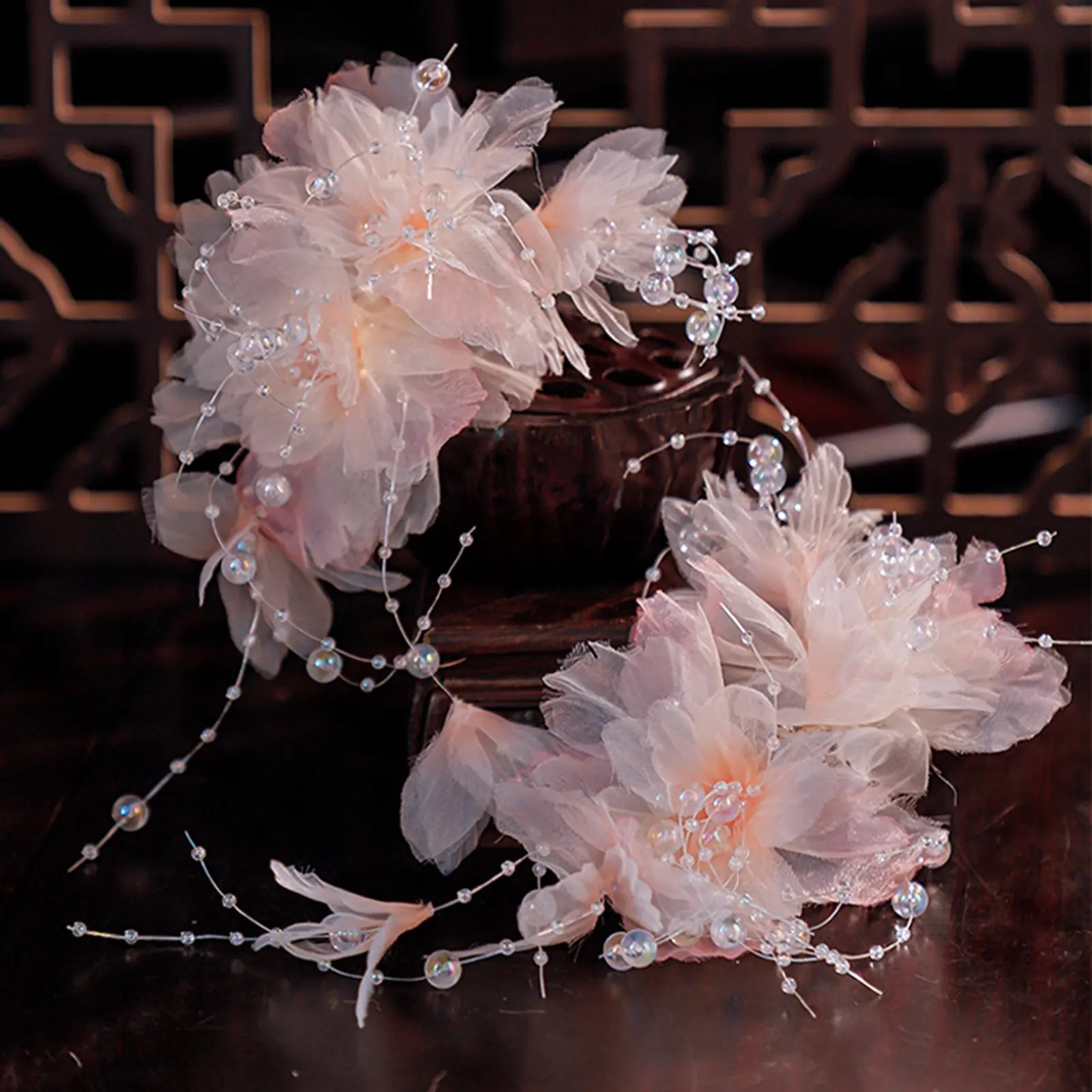 Elegant Gauze Flower Hair Clip Fairy Pink Pearl Tassel Hair Clips For Women Hanfu Dress Hair Accessories Girls Photography Props
