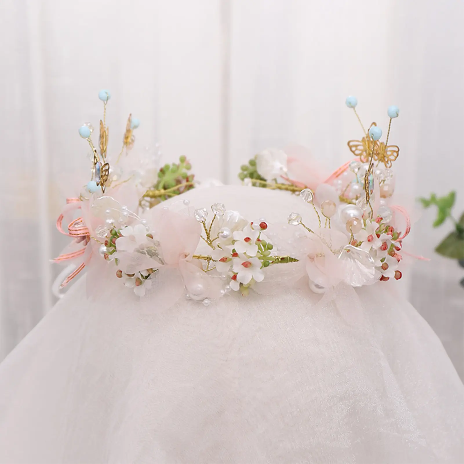 Elegant Women's Flower Crown Pink Butterfly Flower Hair Hoop For Girls Ladies Hand Woven Luxury Metal Jewelry Hair Accessories