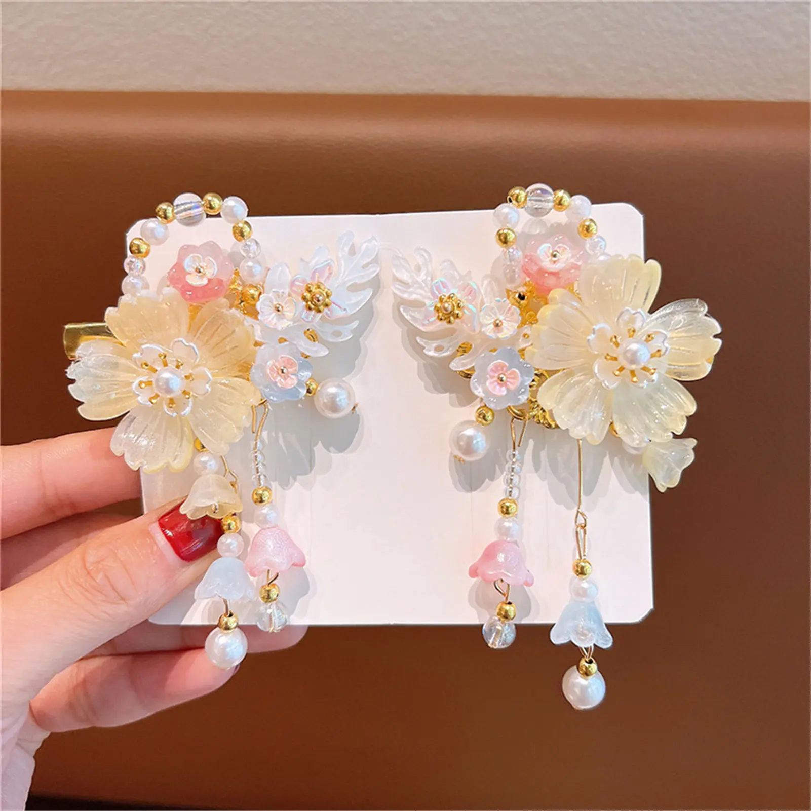 Ancient Vintage Tassel Hairpin Chinese Style Glass Colored Flower Hair Clip For Women Girls Elegant Hanfu Jewelry Hair Accessory
