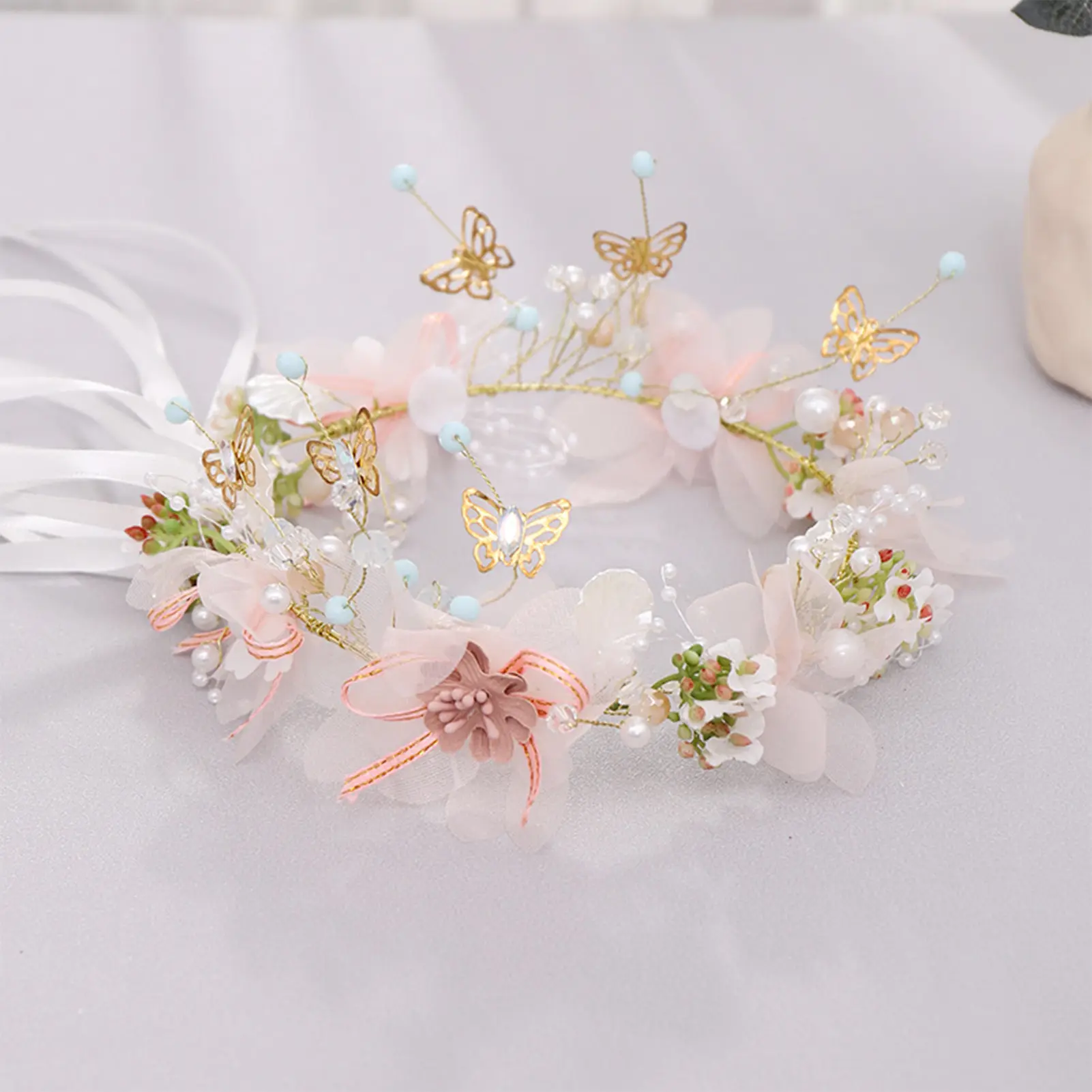 Elegant Women's Flower Crown Pink Butterfly Flower Hair Hoop For Girls Ladies Hand Woven Luxury Metal Jewelry Hair Accessories