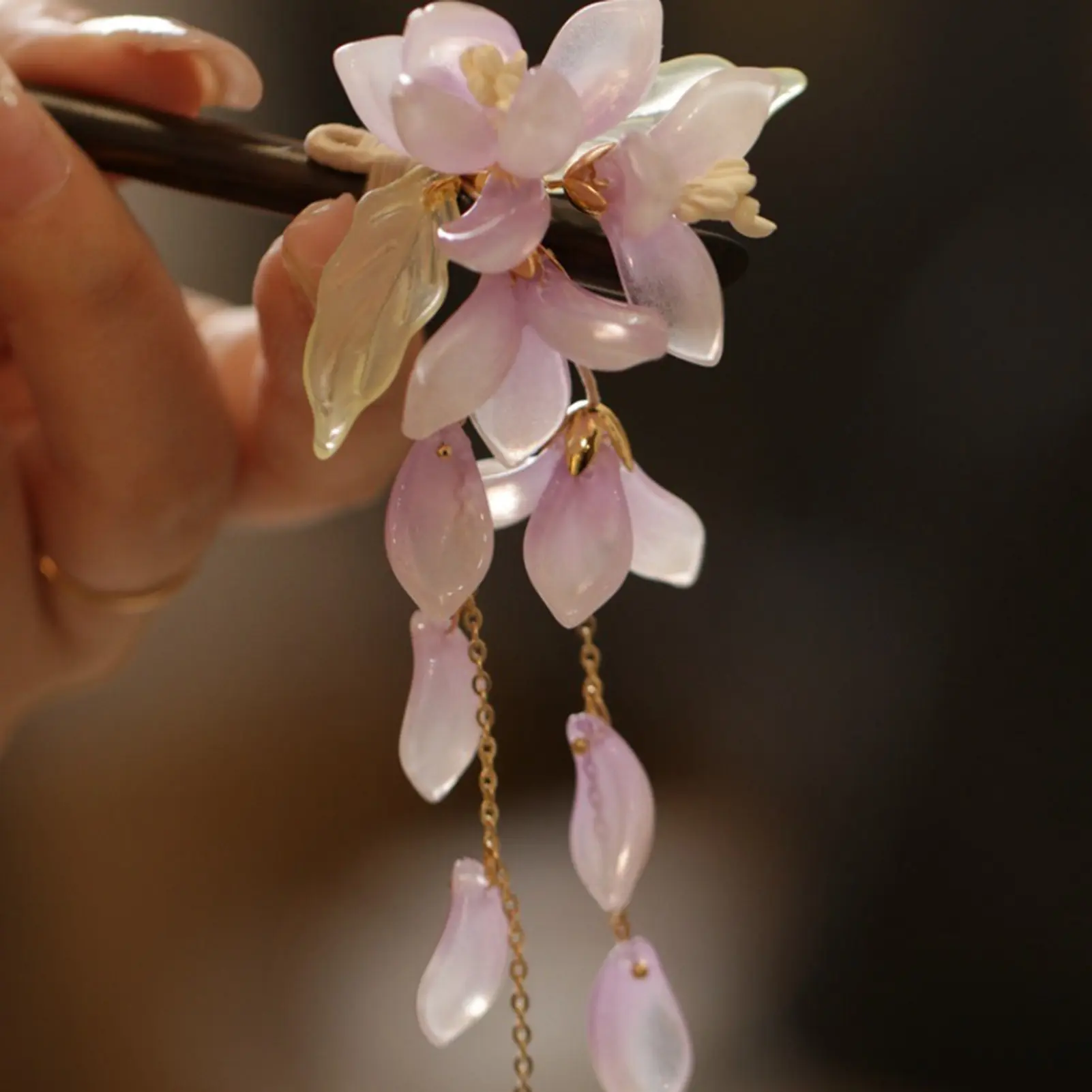 Vintage Chinese Style Tassel Hairpin Classical Jade Orchid Purple Vine Flower Hair Stick For Women Elegant Hanfu Hair Accessory