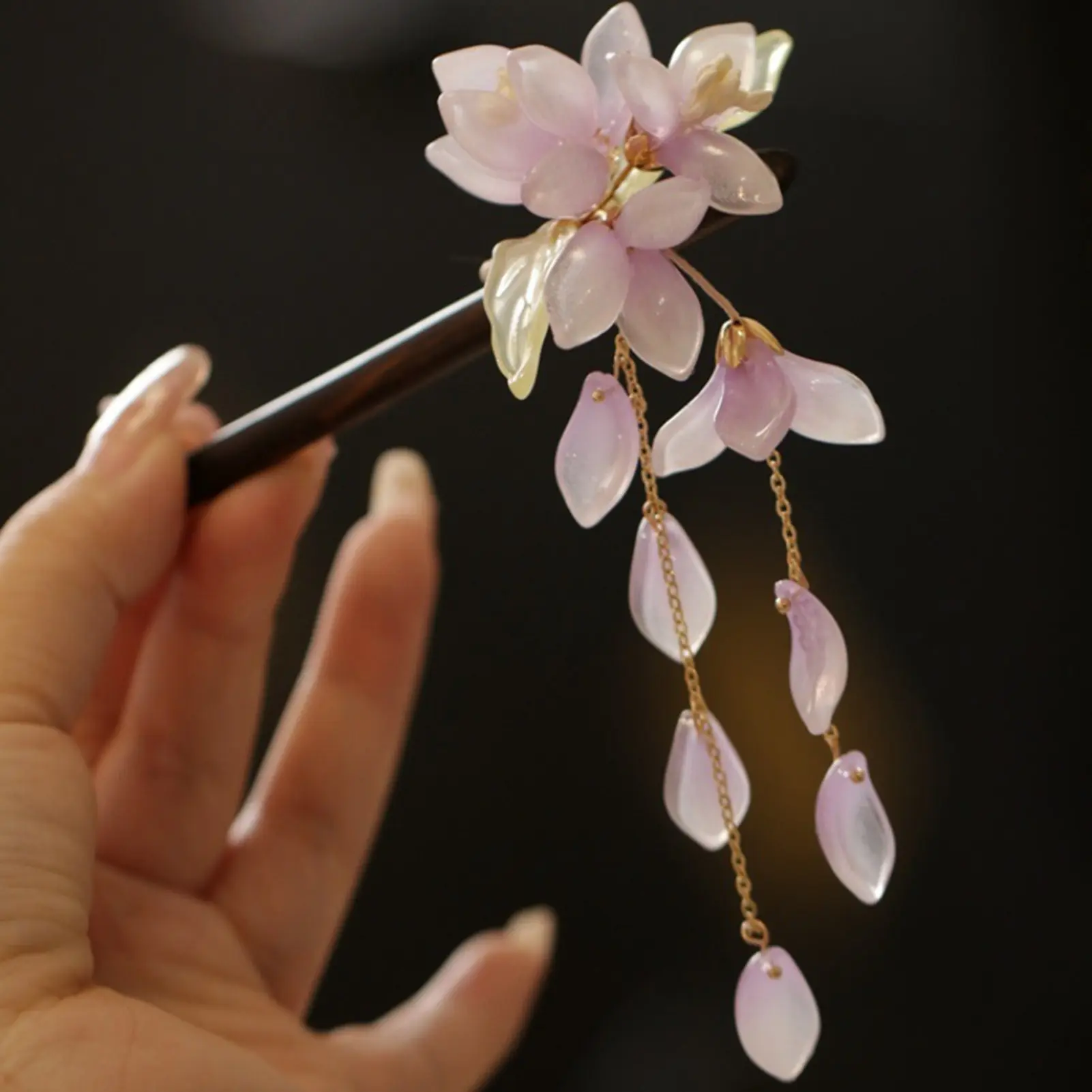 Vintage Chinese Style Tassel Hairpin Classical Jade Orchid Purple Vine Flower Hair Stick For Women Elegant Hanfu Hair Accessory