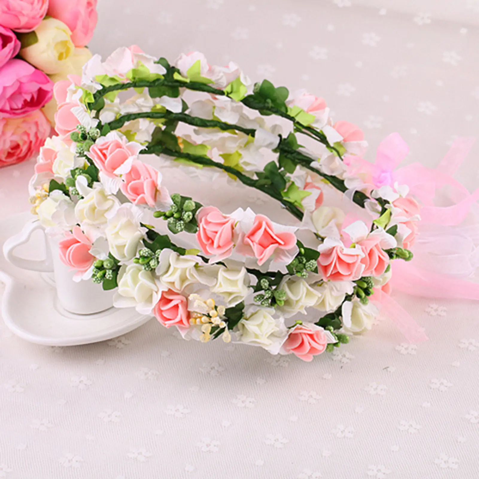 Bohemian Style Flower Crown For Women Handmade Gauze Flora Headband Sweet Romantic Hair Accessories Girls Photography Props 1pc